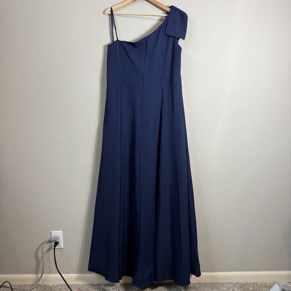 Ieena for Mac Duggal Bow One Shoulder A-Line Gown Womens 16 Navy Formal Slit NWT - Picture 13 of 16